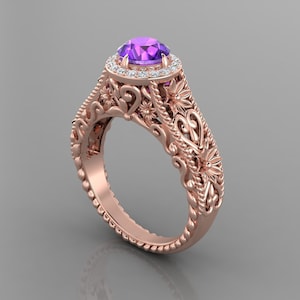 Vintage Natural Amethyst Engagement Ring In 14K Solid Rose Gold | Amethyst & Diamond Wedding Ring | Unique Amethyst Ring | Anniversary Ring