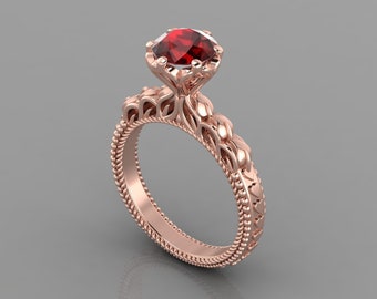 Solitaire Red Garnet Engagement Ring In 14K Solid Rose Gold | Vintage Garnet Wedding Ring | Unique Garnet Anniversary Ring | Birthstone Ring