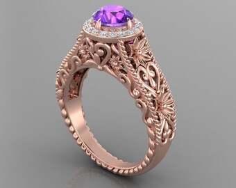 Vintage Natural Amethyst Engagement Ring In 14K Solid Rose Gold | Amethyst & Diamond Wedding Ring | Unique Amethyst Ring | Anniversary Ring