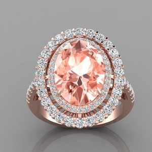 4.9Ct Natural Morganite Engagement Ring In 14K Solid Rose Gold | Morganite & Diamond Double Halo Ring | Anniversary Ring | Promise Rings