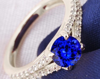 1.5Ct Natural Tanzanite Engagement Ring In 14K White Gold | AAAA Tanzanite & Diamond Ring | Split Shank Tanzanite Ring |December Birthstone