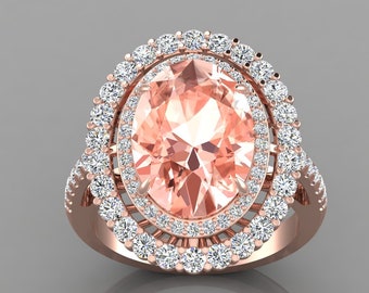 4.9Ct Natural Morganite Engagement Ring In 14K Solid Rose Gold | Morganite & Diamond Double Halo Ring | Anniversary Ring | Promise Rings