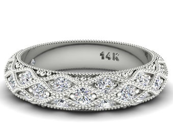 Vintage Diamond Wedding Band | 14K Solid White Gold Diamond Engagement Band | Natural Diamond Anniversary Band | Unique Diamond Bands