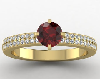 Natural Round Shape Red Garnet Engagement Ring In 14K Solid Yellow Gold | Garnet & Diamond Wedding Ring | Promise Ring | January Birthstone