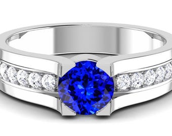 Natural Round Shape Tanzanite Engagement Ring In 14K Solid White Gold | AAAA Tanzanite & Diamond Ring | Minimalist Ring | Promise Ring