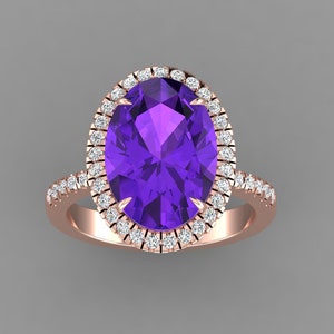 Natural Oval Cut Amethyst Engagement Ring In 14K Solid Rose Gold,Gorgeous Amethyst & Diamond Halo Ring,February Birthstone Jewelry