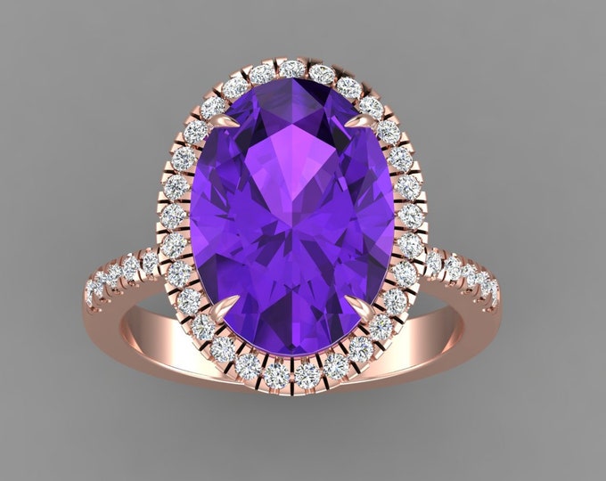 Featured listing image: Natural Oval Cut Amethyst Engagement Ring In 14K Solid Rose Gold,Gorgeous Amethyst & Diamond Halo Ring,February Birthstone Jewelry