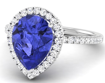 4.7Ct Natural Pear Shape Tanzanite Engagement Ring In 14K White Gold | AAAA Tanzanite & Diamond Halo Wedding Ring | December Birthstone