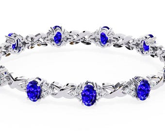 Oval Tanzanite Tennis Bracelet | 14K White Gold & Diamond, Handmade
