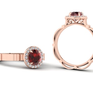 Natural Round Shape Red Garnet Engagement Ring In 14K Solid Rose Gold | Unique Red Garnet & Diamond Halo Wedding Ring | January Birthstone