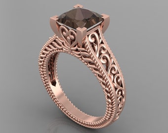 Gorgeous Natural Square Shape Smoky Quartz Engagement Ring In 14K Solid Rose Gold,Vintage Smokey Quartz Women's Rings,Anniversary Gifts