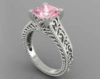 2.1Ct Unique Pink Morganite Engagement Ring In 14K Solid White Gold |  Squire Shape Pink Morganite Ring | Pink Morganite Anniversary Ring