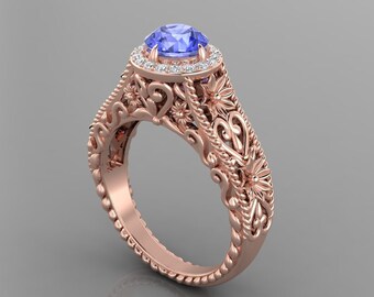 1.5Ct Natural Round Shape Tanzanite Engagement Ring In 14K Solid Rose Gold | AAA Tanzanite & Diamond  Wedding Ring | December Birthstone