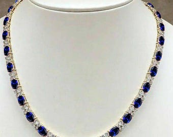 Handmade Sterling Silver Blue Sapphire Tennis Necklace