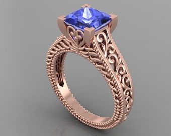 1.7Ct Natural Tanzanite Engagement Ring In 14K Solid Rose Gold,Unique Solitaire Tanzanite Women's Ring,Perfect December Birthstone Jewelry