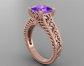 Vintage Natural Amethyst Engagement Ring In 14K Solid Rose Gold,Unique Filigree Amethyst Women's Ring,Perfect February Birthstone Jewelry
