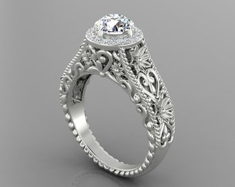 Vintage Solitaire Lab Grown Diamond Engagement Ring In 14K Solid White Gold,Unique Lab Grown Diamond Women's Ring,Anniversary Gifts For Wife