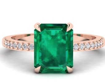 Lab Grown Emerald Engagement Ring In 14K Solid Rose Gold l Unique Emerald & Diamond Wedding Ring l Emerald Anniversary Ring l Gift For Wife