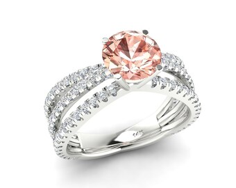 Natural Round Shape Morganite Engagement Ring In 14K Solid White Gold | Morganite & Moissanite Wedding Ring | Moissanite Ring | Promise Ring