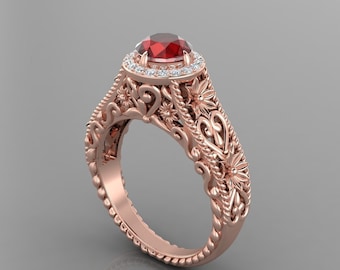 Natural Red Garnet Engagement Ring In 14K Solid Rose Gold | Vintage Garnet & Diamond Anniversary Ring | January Birthstone | Promise Ring