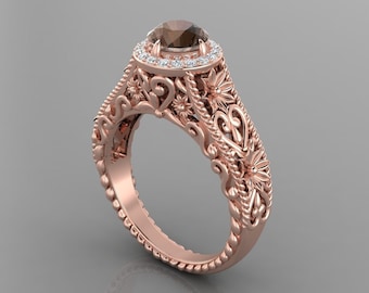 Vintage Smokey Quartz Engagement Ring In 14K Solid Rose Gold | Vintage Smoky Quartz & Diamond Wedding Ring | Unique Quartz Ring |