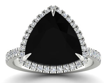 7Ct Natural Black Onyx Engagement Ring In 14K Solid White Gold | Vintage Black Onyx & Diamond Halo Ring | Promise Ring | Anniversary Ring