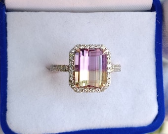 3.2Ct Natural Ametrine Engagement Ring In 14K Solid Rose Gold,Gorgeous Ametrine & Diamond Women's Ring,Bio-Colour Ametrine Ring,Gift For Her