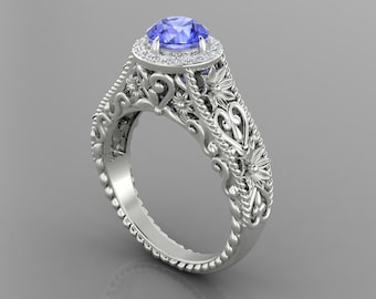 1.5Ct Natural Round Shape Tanzanite Engagement Ring In 14K Solid White Gold | Vintage Filigree Tanzanite & Diamond Ring | AAA Tanzanite Ring