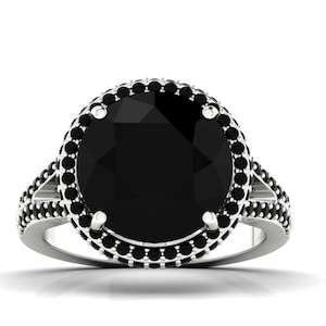 Natural Black Onyx Engagement Ring In 14K Solid White Gold | Round Cut Black Onyx Wedding Ring | Black Onyx Anniversary  Ring | Promise Ring