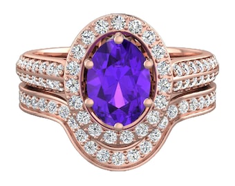 Natural Oval Cut Amethyst Engagement Ring Set In 14K Solid Rose Gold,Unique Amethyst & Diamond Halo Rings,Curved Diamond Band,Gift For Her