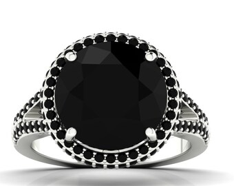 Natural Black Onyx Engagement Ring In 14K Solid White Gold | Round Cut Black Onyx Wedding Ring | Black Onyx Anniversary  Ring | Promise Ring
