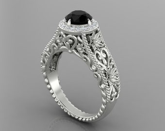 Natural Round Shape Black Onyx Engagement Ring In 925 Sterling Silver | Black Onyx & Diamond Wedding Ring | Black Onyx Anniversary Ring