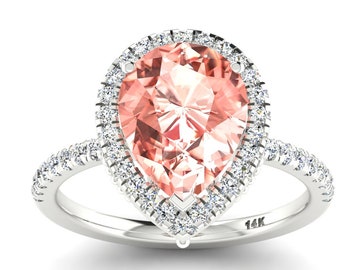 3.6Ct Natural Pear Shape Morganite Engagement Ring In 14K Solid White Gold | Morganite & Diamond Halo Wedding Ring | Anniversary Gifts