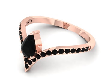 Pear Shaped Black Onyx Engagement Ring In 925 Sterling Silver Ring | Rose Gold Plated Black Onyx Ring | Wedding Ring | Anniversary Ring