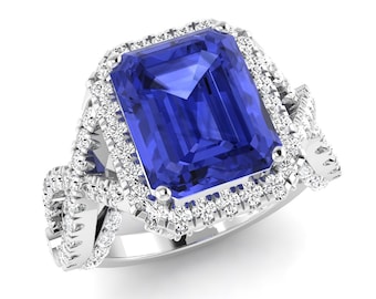 4.2Ct Natural Emerald Shape Tanzanite Engagement Ring In 14K Solid White Gold | AAAA Tanzanite & Diamond Wedding Ring | December Birthstone