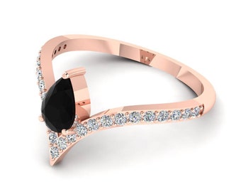 Natural Pear Shape Black Onyx Engagement Ring In  14K Solid Rose Gold | Black Onyx & Diamond Wedding Ring | Black Onyx Anniversary Ring