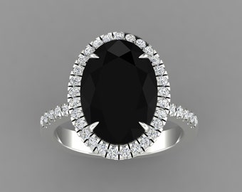 Natural Oval Cut Black Onyx Engagement Ring In 14K Solid White Gold | Unique Black Onyx & Diamond Halo Wedding Ring | Perfect Gifts For Her