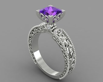 Vintage Amethyst Engagement Ring In 14K Solid White Gold | Princess Shape Natural Amethyst & Diamond Wedding Ring | Perfect Anniversary Gift