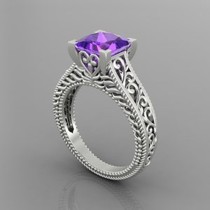 Vintage Natural Amethyst Engagement Ring In 14K Solid White Gold | Unique Amethyst Women&#39;s Ring | Promise Ring | February Birthstone