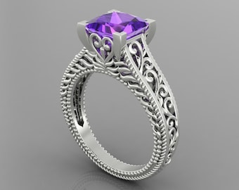 Vintage Natural Amethyst Engagement Ring In 14K Solid White Gold | Unique Amethyst Women's Ring | Promise Ring | February Birthstone