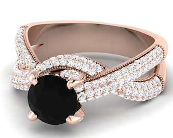 Unique Natural Round Cut Black Onyx Engagement Ring In 14K Solid Rose Gold,Gorgeous Black Onyx & Diamond Ring,Perfect Gifts For Her