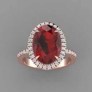 Natural Oval Shape Red Garnet Engagement Ring In 14K Rose Gold | Garnet & Diamond Halo Ring | Garnet Wedding Ring | January Birthstone
