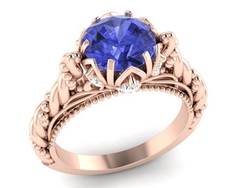 AAAA Tanzanite Engagement Ring In 14K Solid Rose Gold | Natural Round Shape Tanzanite & Diamond Wedding Ring | December Birthstone