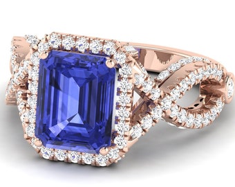 4.2Ct Natural Emerald Cut Tanzanite Engagement Ring In 14K Solid Rose Gold,Split Shank Tanzanite & Diamond Ring,December Birthstone Jewelry
