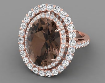 Gorgeous Natural Smoky Quartz Engagement Ring In 14K Solid Rose Gold,Oval Cut Quartz & Diamond Double Halo Ring,Anniversary Gifts For Wife