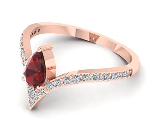Natural  Pear Shape Red Garnet Engagement Ring In 14K Solid Rose Gold | Red Garnet & Diamond Wedding Ring | January Birthstone Jewelry