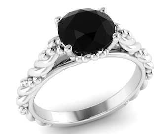 Vintage Natural Round Cut Black Onyx Engagement Ring In 14K Solid White Gold,Unique Black Onyx Ring,Filigree Black Onyx Ring,Gifts For Wife