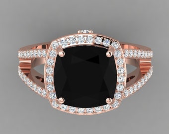 Natural Cushion Shape Black Onyx Engagement Ring In 14K Solid Rose Gold | Split Shank Black Onyx & Diamond Halo Ring | Promise Ring