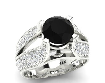 Vintage Black Onyx Engagement Ring In 925 Sterling Silver | Round Shape Black Onyx Wedding Ring | Black Onyx & Diamonds Anniversary Ring