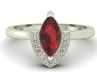 Natural Marquise Shape Red Garnet Engagement Ring In 14K Solid White Gold,Gorgeous Garnet & Diamond Ring,January Birthstone Jewelry